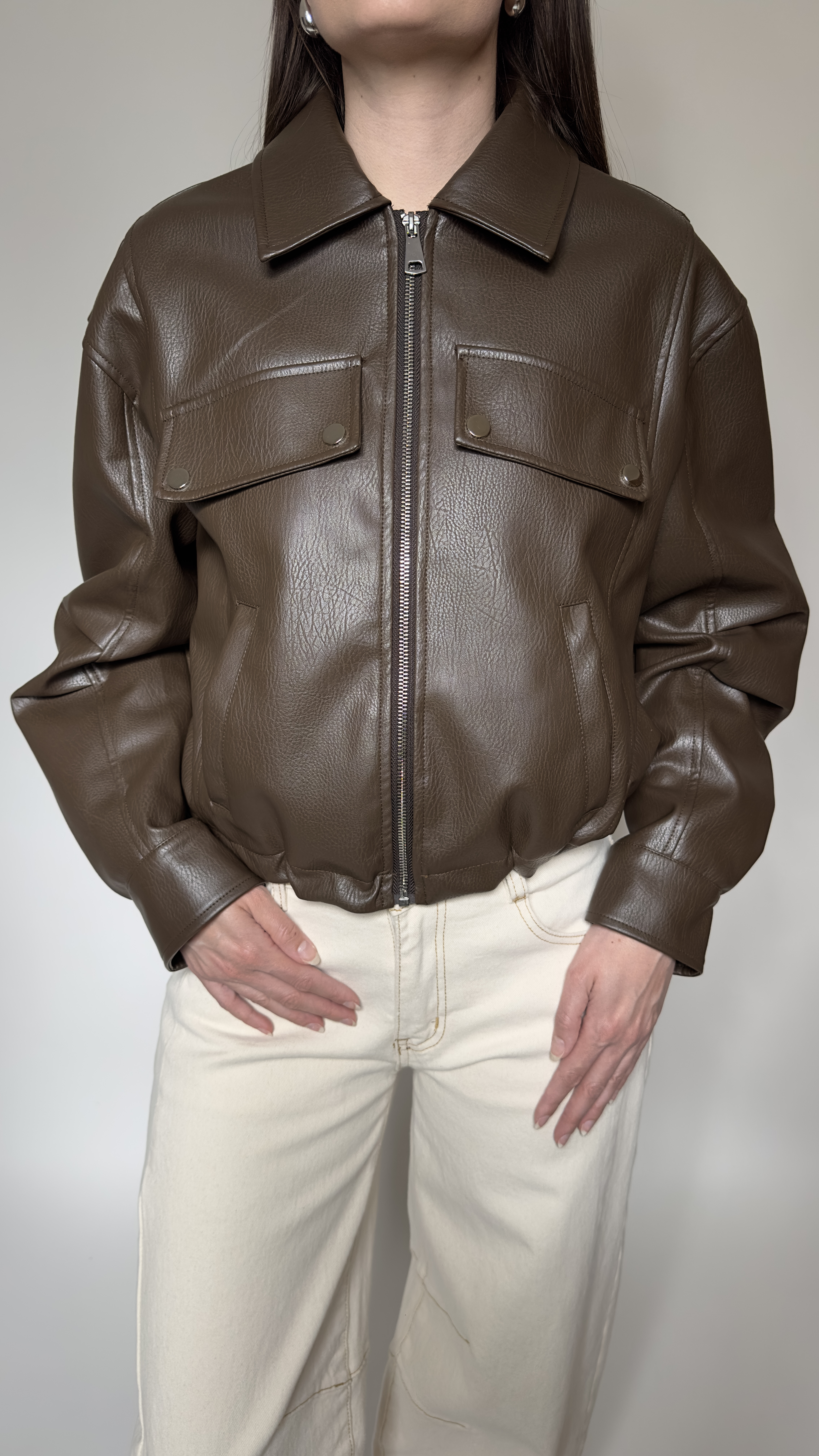 Čokoládová koženková bunda – BROWN